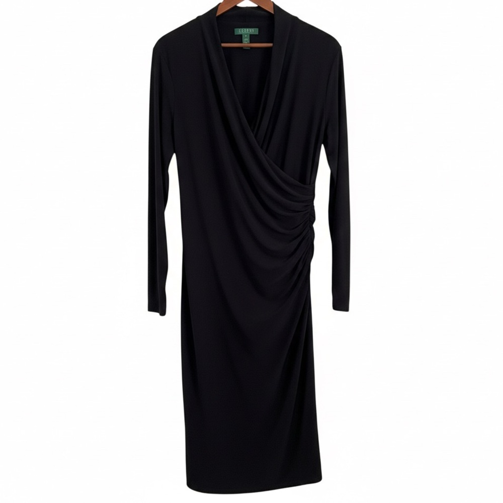 🔴 Lauren Ralph Lauren Black Faux-Wrap Ruched Matte Jersey Dress Size 14